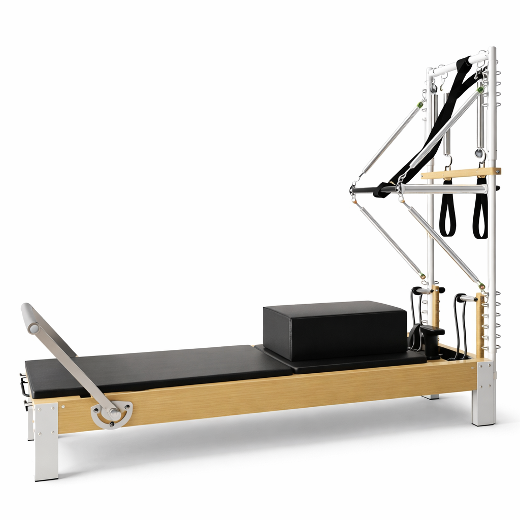 Pilates Reformer, Wooden Pilates Reformer Machine with Tower & Mat, Pilates Equipment for Home Workout and Studio