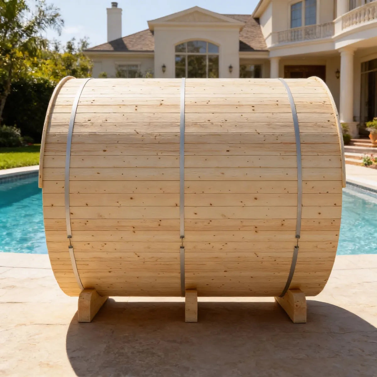 Helsinki Finnish 6-Person Barrel Sauna with Terrace and WiFi Heater