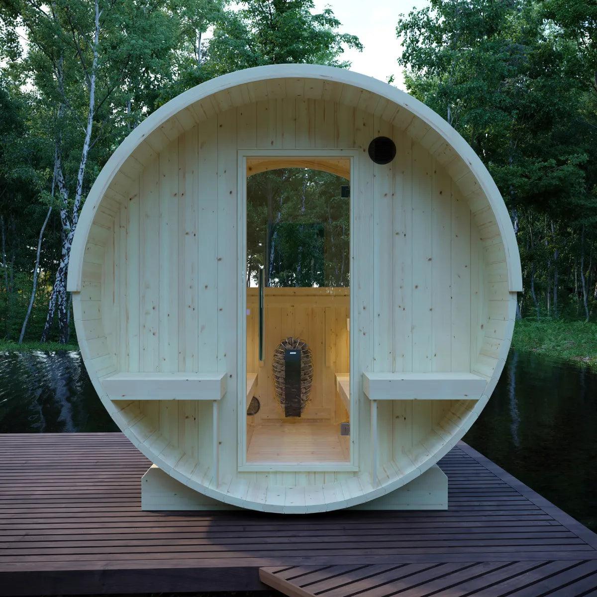Helsinki Finnish 6-Person Barrel Sauna with Terrace and WiFi Heater