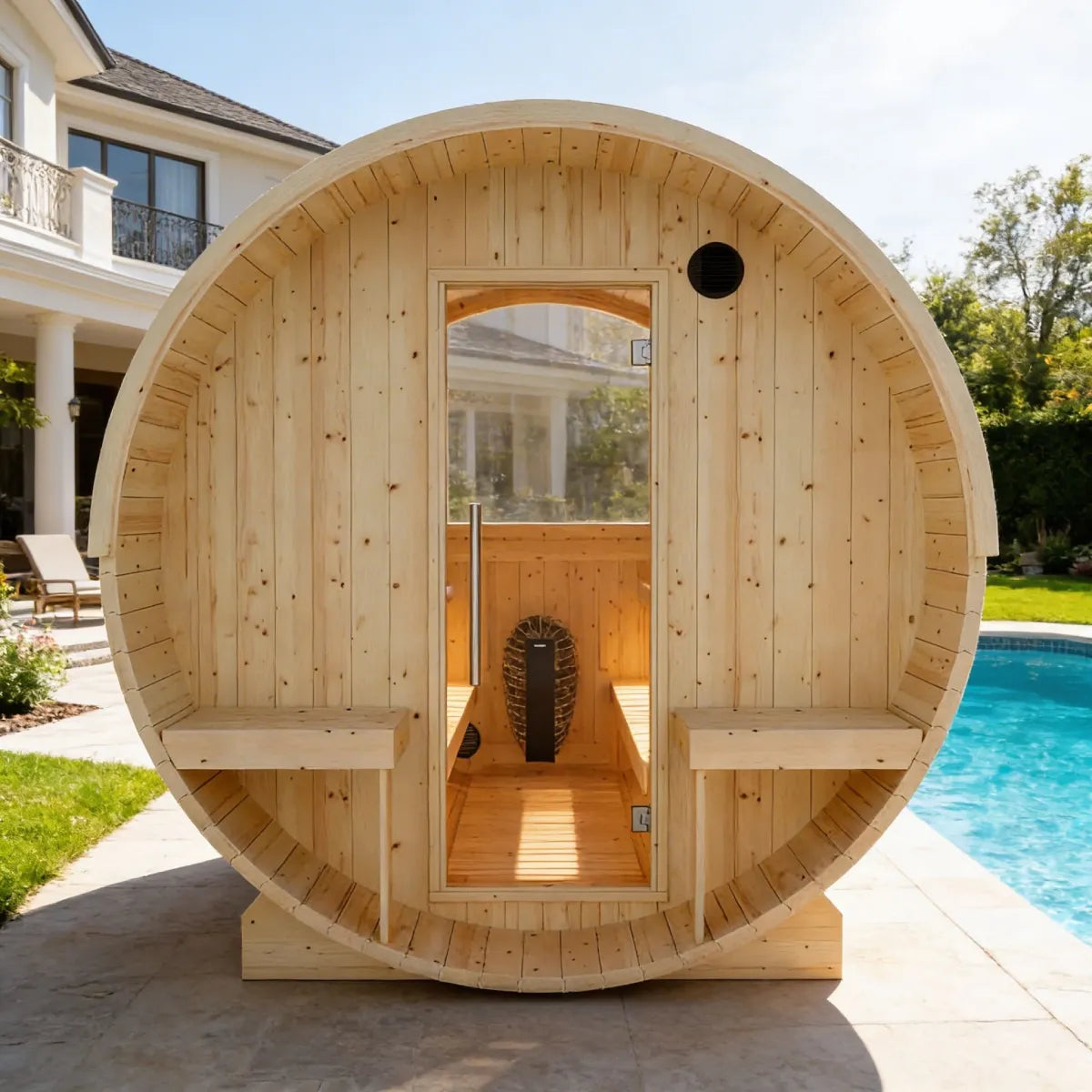 Helsinki Finnish 6-Person Barrel Sauna with Terrace and WiFi Heater