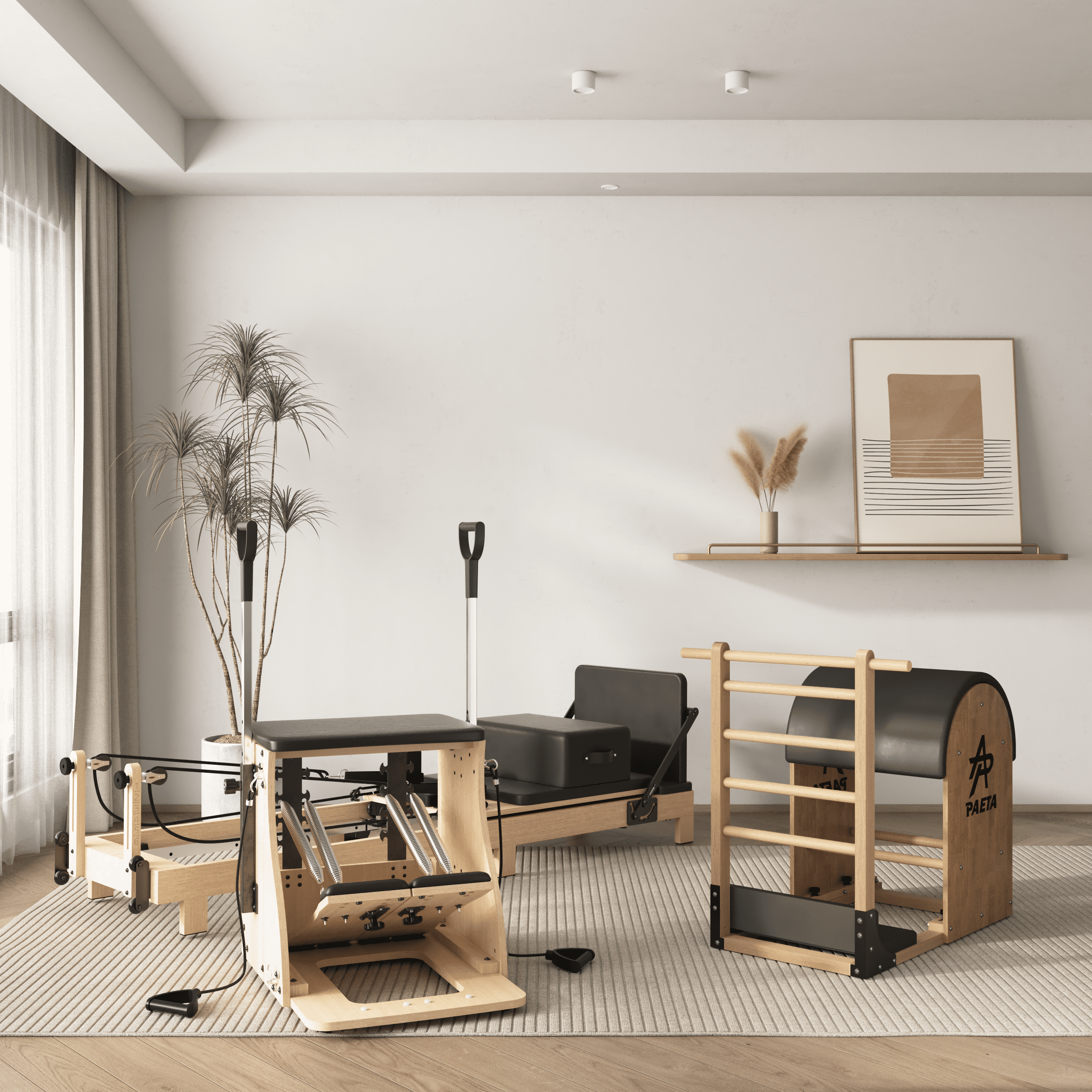 Pilates Reformer Machine, Wood Pilates Machine Bed Yoga Exercise Strength Training Equipment with Pilates Chair and Pilates Barrel for Home Workout