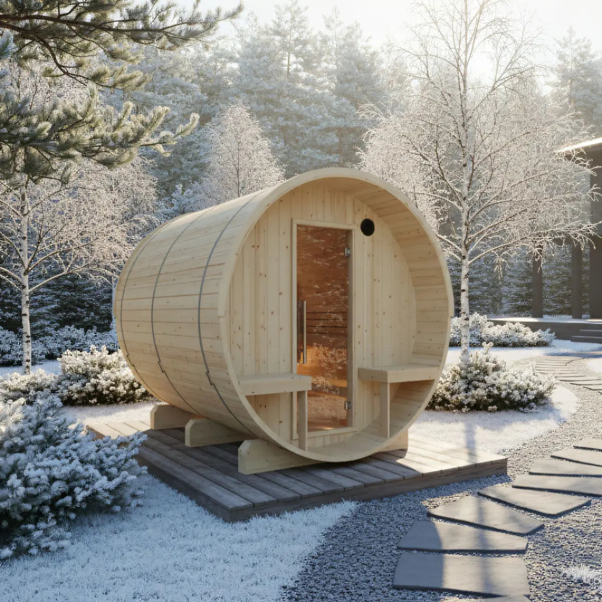 Turku Finnish 6-Person Barrel Sauna with Terrace and WiFi Heater