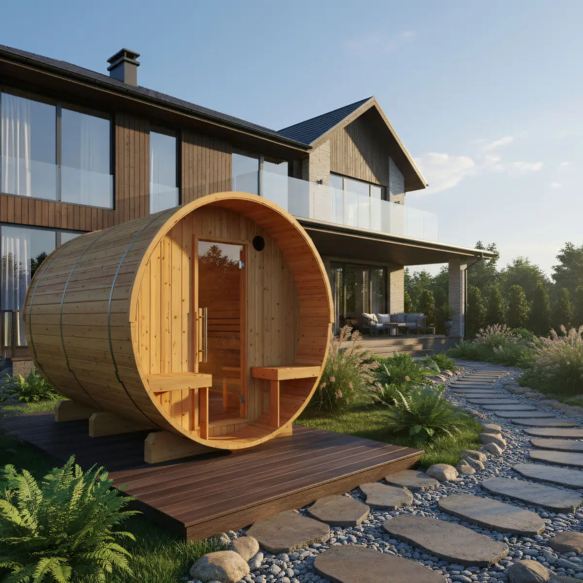 Turku Finnish 6-Person Barrel Sauna with Terrace and WiFi Heater