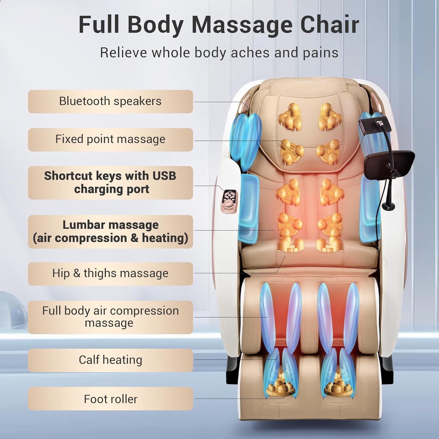 Massage Chair Full Body with Heat, Full Body Zero Gravity Shiatsu Massage Chair, Kneading Recliner W/ 20 Auto Modes, Foot Massage, Bluetooth, USB Charging Port, Touch Screen Controller