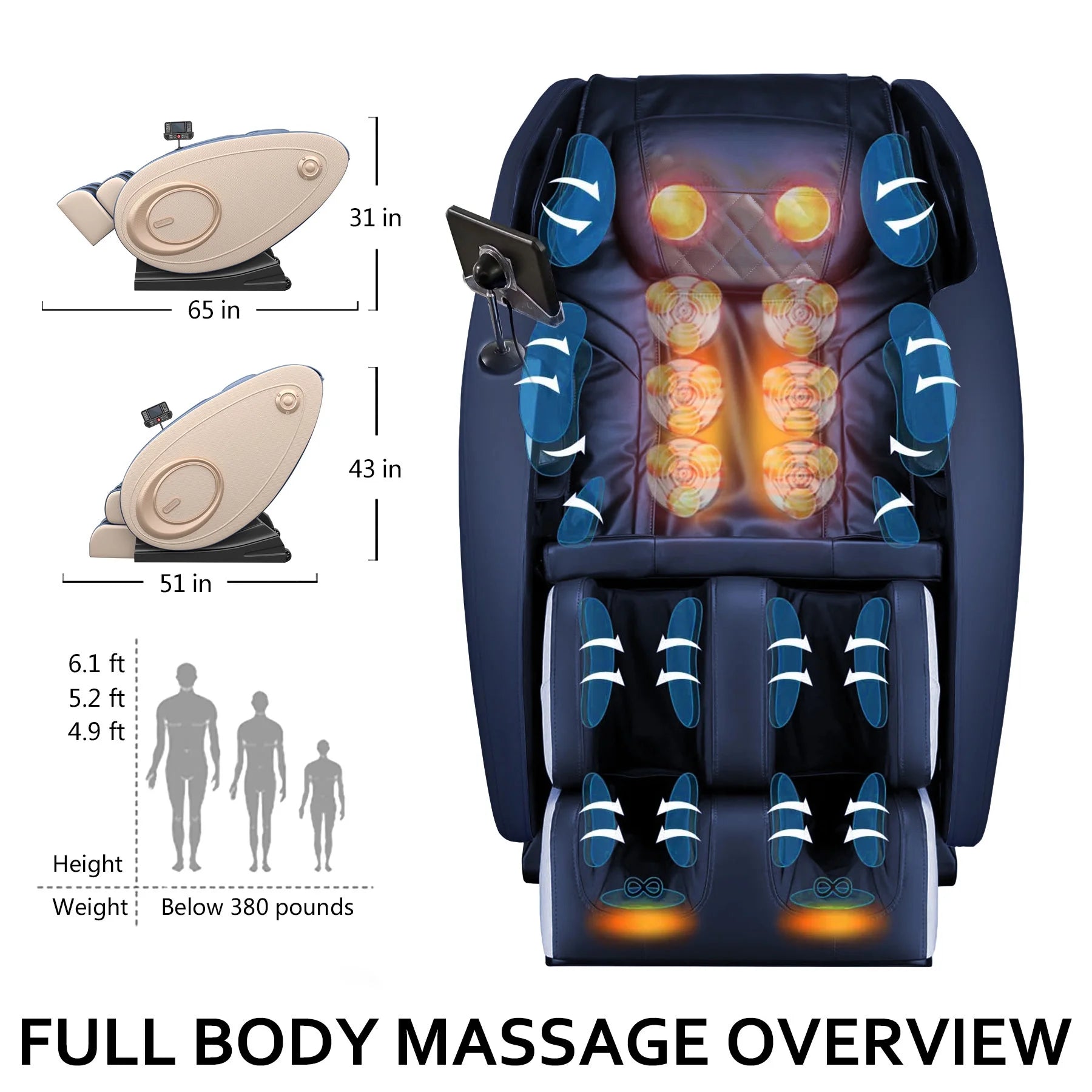 Massage Chair Zero Gravity Full Body with Heating and Bluetooth - Blue