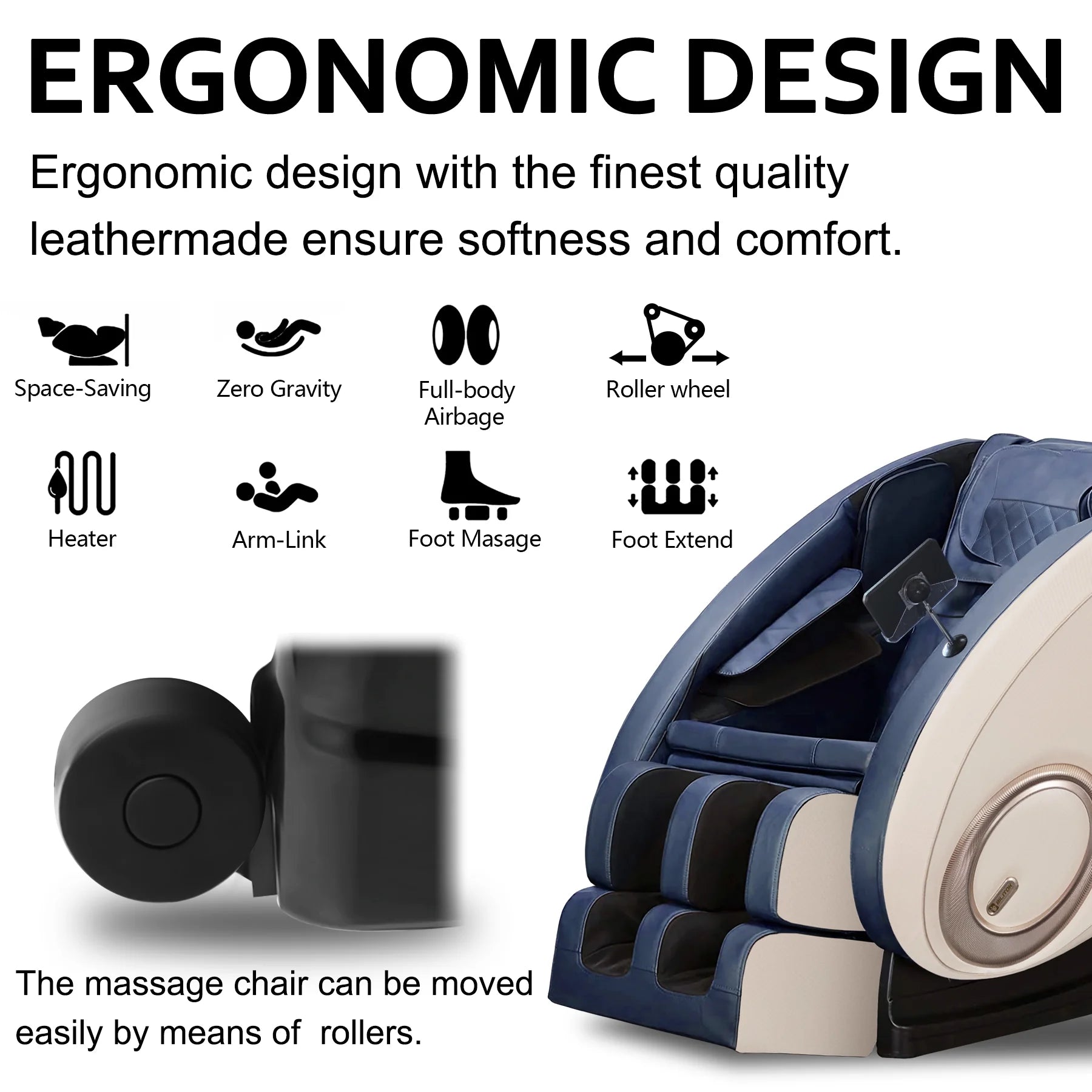 Massage Chair Zero Gravity Full Body with Heating and Bluetooth - Blue