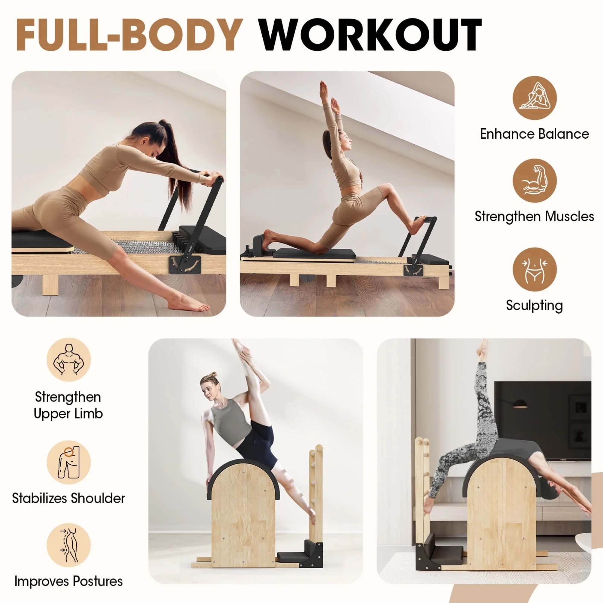Pilates Reformer Machine with Pilates Chair and Pilates Barrel for Home Workout