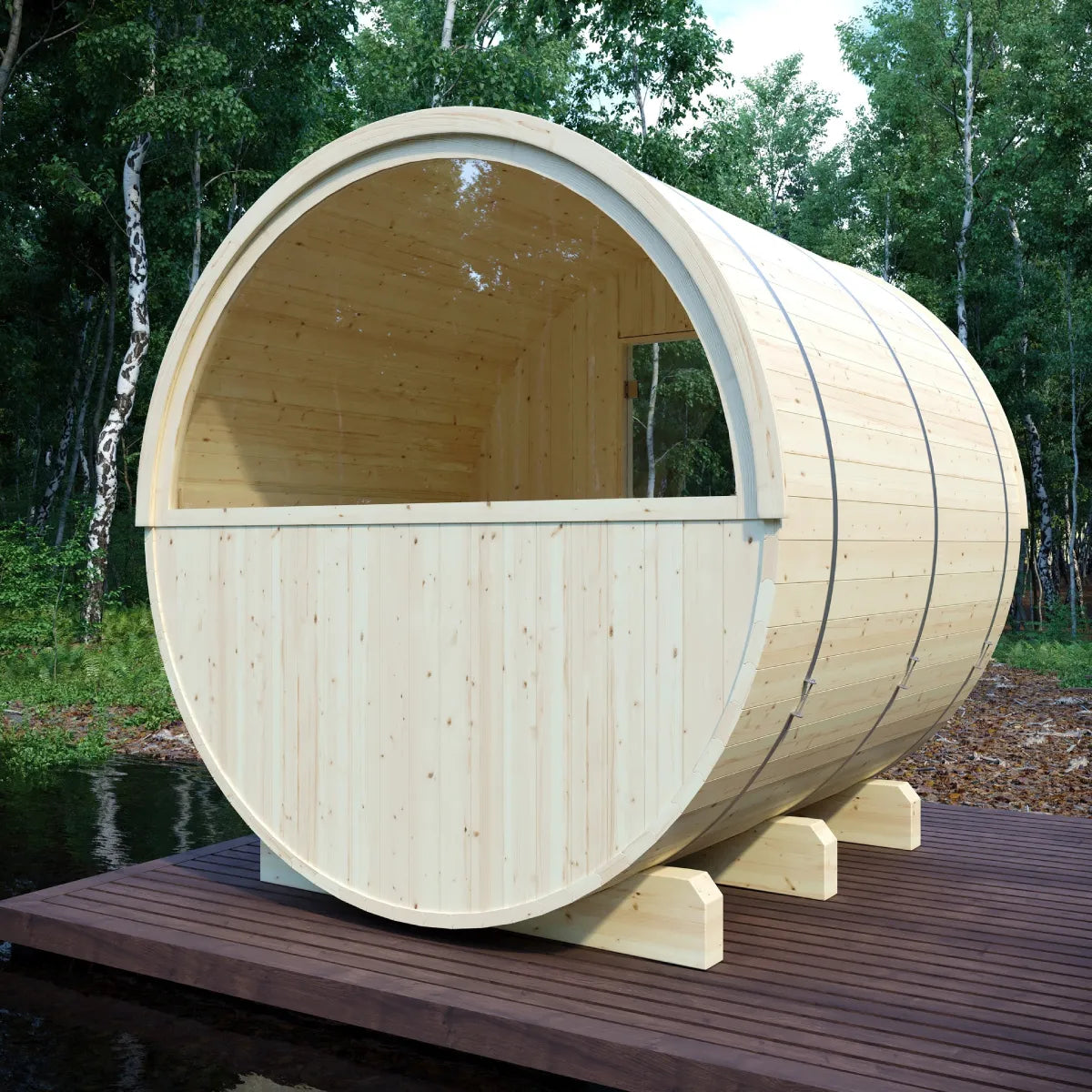 Helsinki Finnish 6-Person Barrel Sauna with Terrace and WiFi Heater