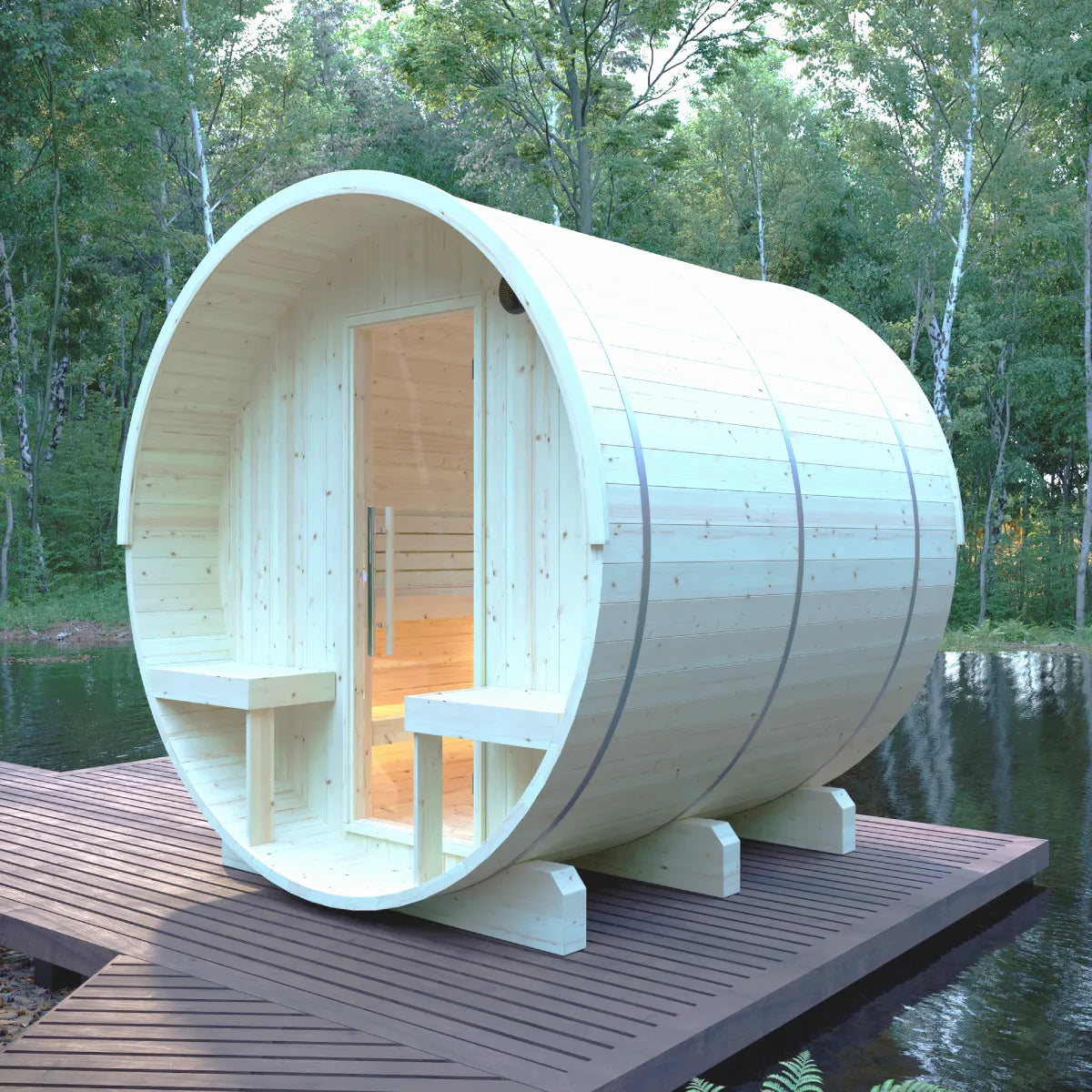 Helsinki Finnish 6-Person Barrel Sauna with Terrace and WiFi Heater