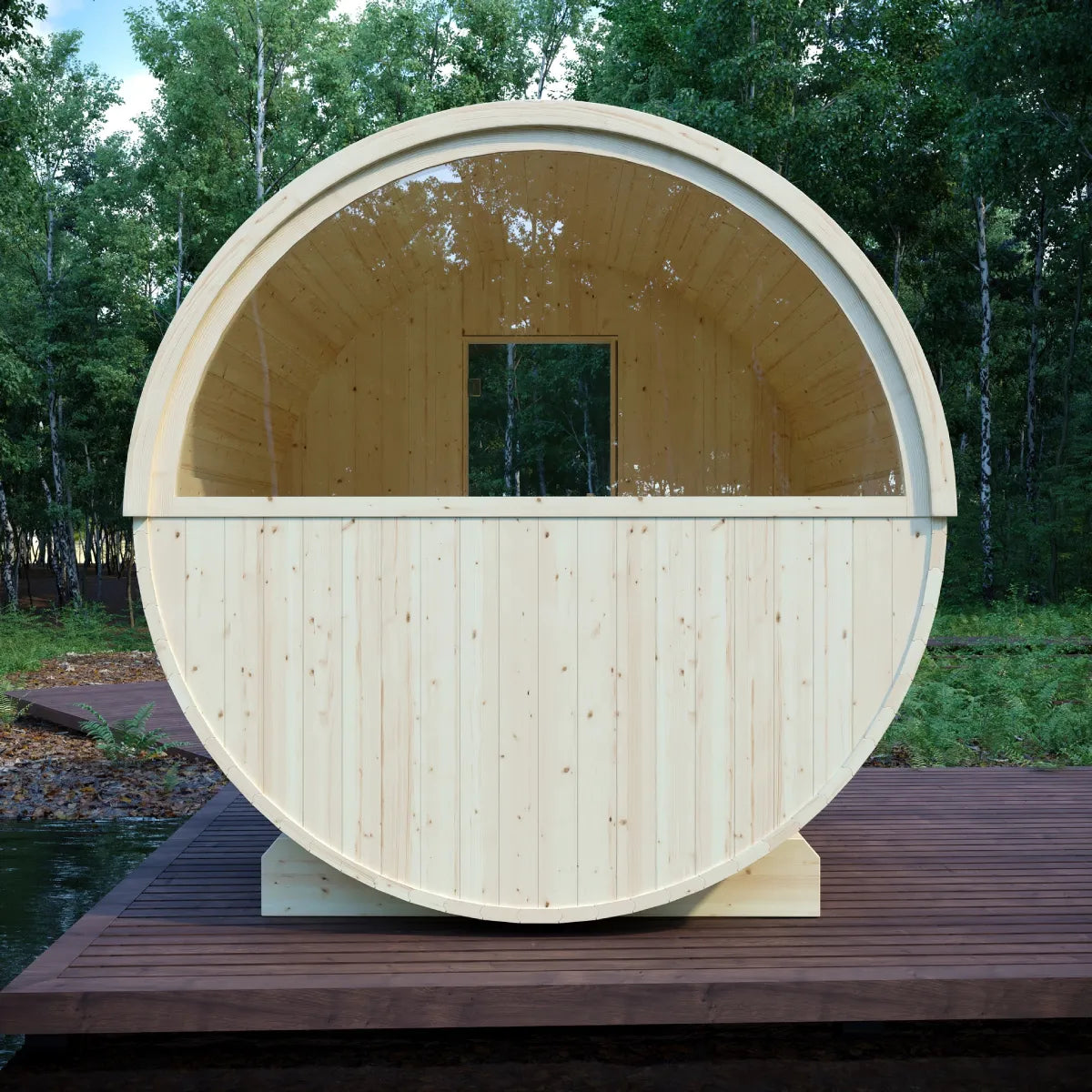 Helsinki Finnish 6-Person Barrel Sauna with Terrace and WiFi Heater