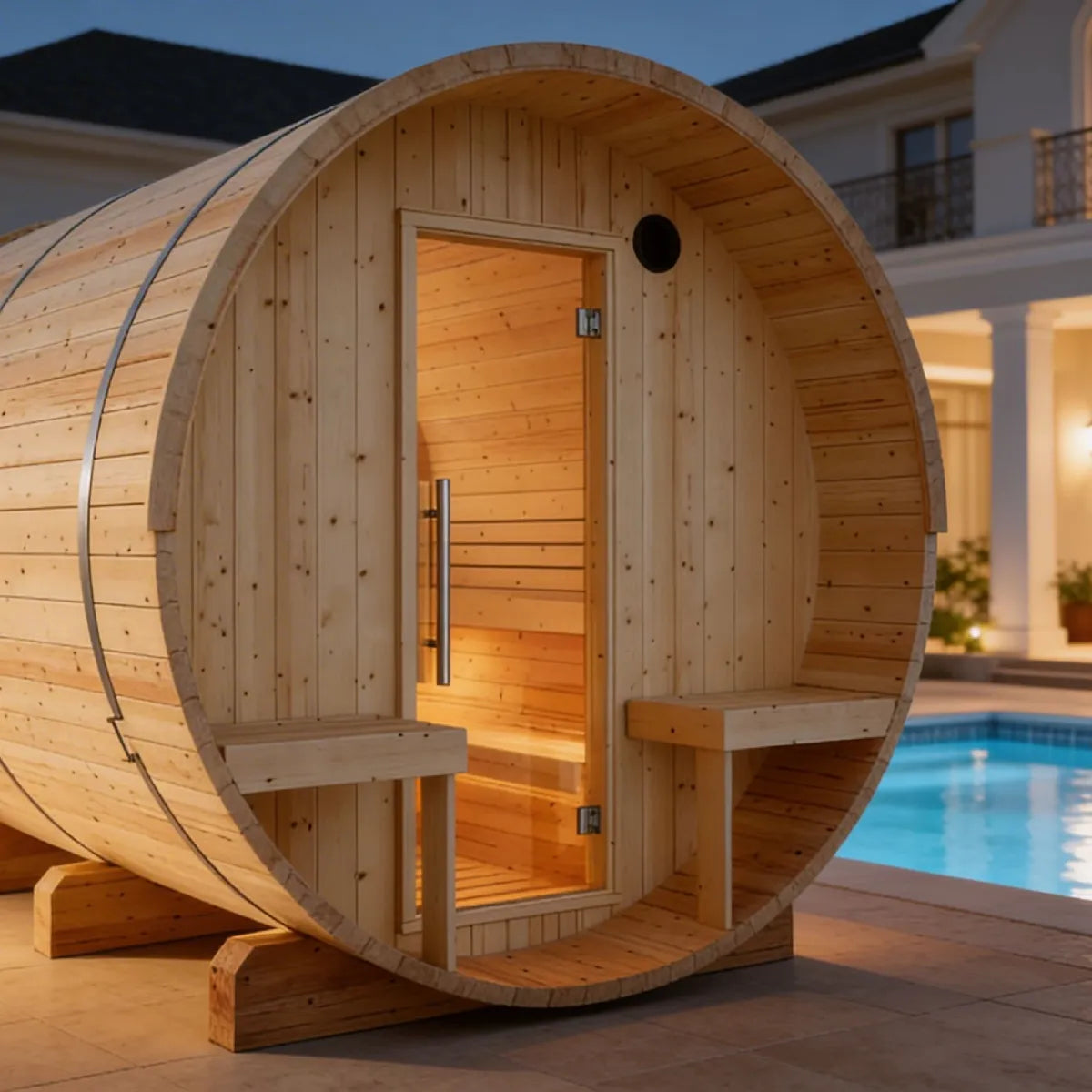 Helsinki Finnish 6-Person Barrel Sauna with Terrace and WiFi Heater
