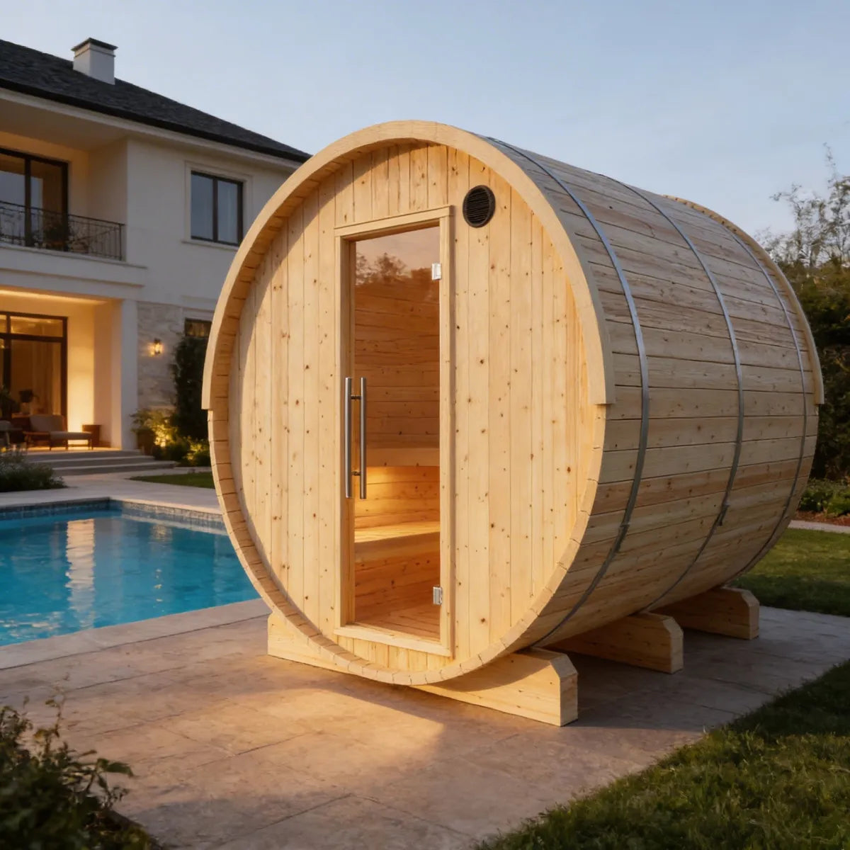 Vassa Finnish 4-Person Barrel Sauna with WiFi Heater, handcrafted by Finnish Sauna Builders