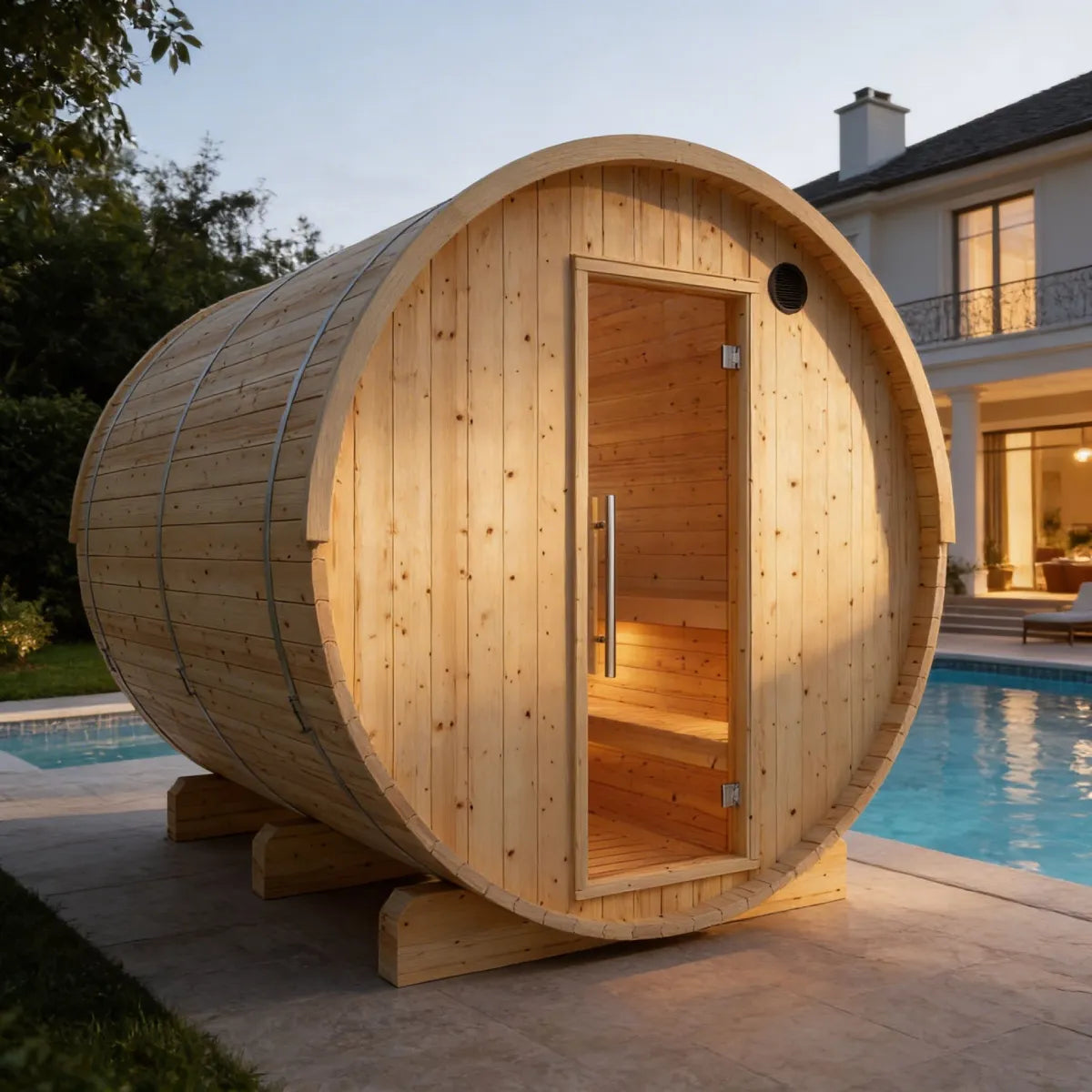 Vassa Finnish 4-Person Barrel Sauna with WiFi Heater, handcrafted by Finnish Sauna Builders