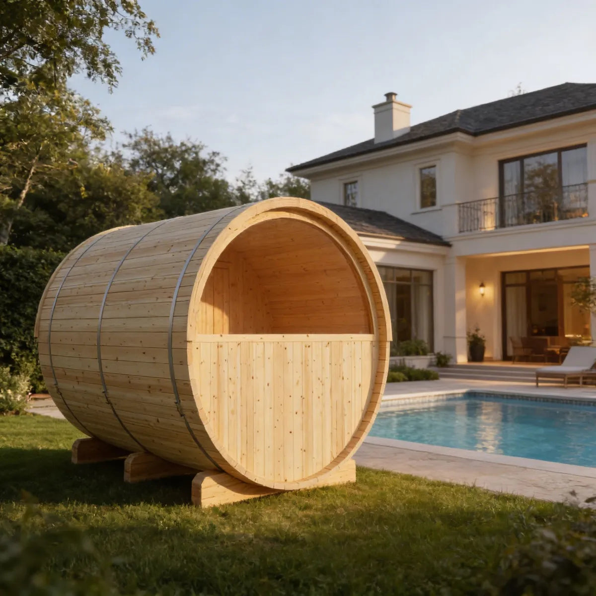 Vassa Finnish 4-Person Barrel Sauna with WiFi Heater, handcrafted by Finnish Sauna Builders