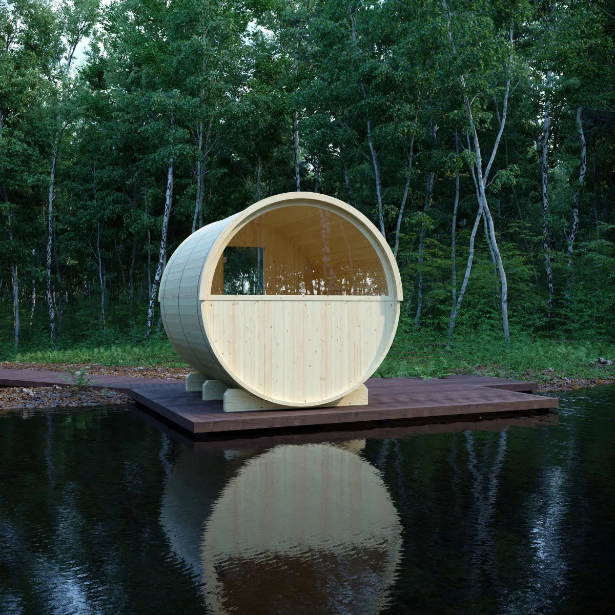 Vassa Finnish 4-Person Barrel Sauna with WiFi Heater, handcrafted by Finnish Sauna Builders