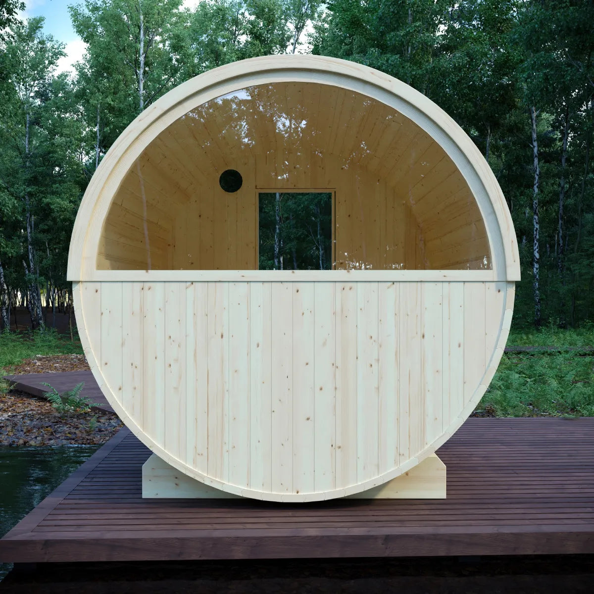 Vassa Finnish 4-Person Barrel Sauna with WiFi Heater, handcrafted by Finnish Sauna Builders
