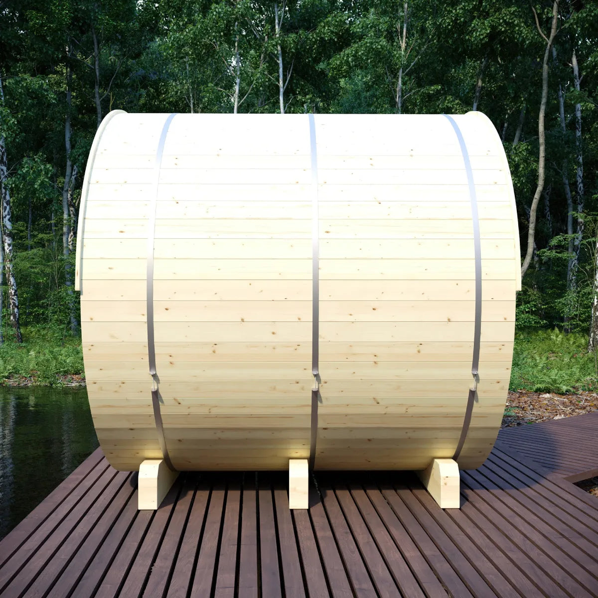 Vassa Finnish 4-Person Barrel Sauna with WiFi Heater, handcrafted by Finnish Sauna Builders