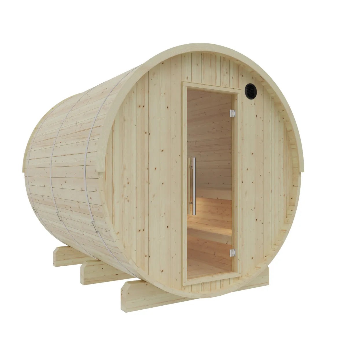 Vassa Finnish 4-Person Barrel Sauna with WiFi Heater, handcrafted by Finnish Sauna Builders